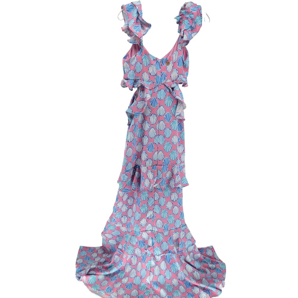NEW Simply Southern Pink Blue Shell Print Ruffle Cut Out Maxi Dress Womens Small - Picture 7 of 10